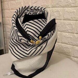 #159. Black and White Striped Scarf with Gold Accents